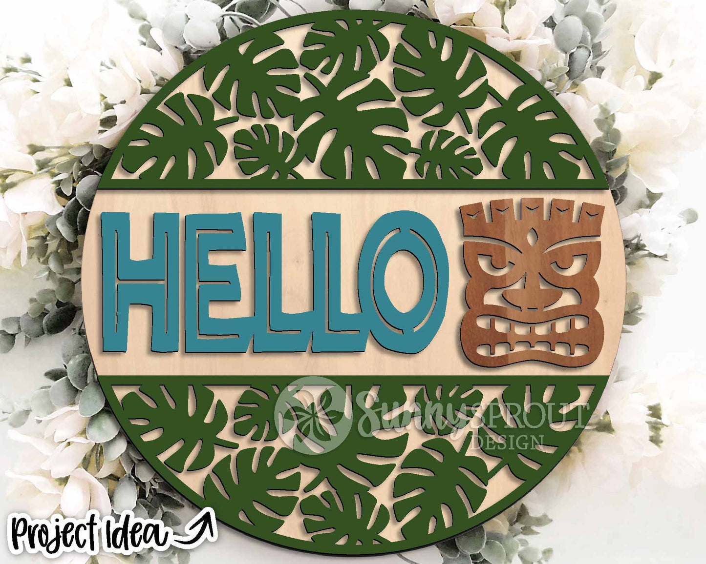 Hello Tropical Tiki Sign, Digital Download, SVG Laser Cut File, Cricut, Summer Round Door Hanger Design