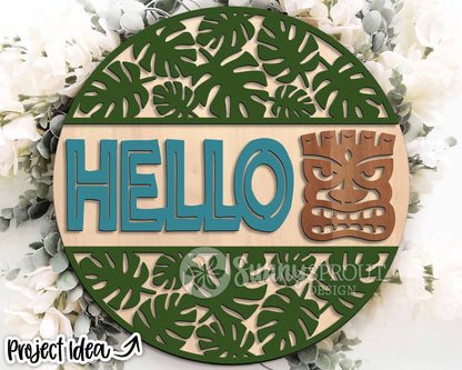 Hello Tropical Tiki Sign, Digital Download, SVG Laser Cut File, Cricut, Summer Round Door Hanger Design