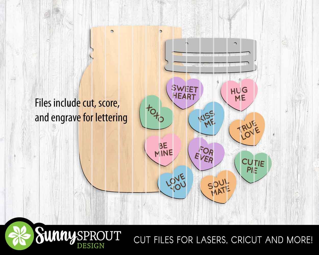Conversation Heart Mason Jar Sign, Digital Download, SVG Laser Cut File, Cricut, Door Hanger Wall Art Design, Valentine's Day Love Decor