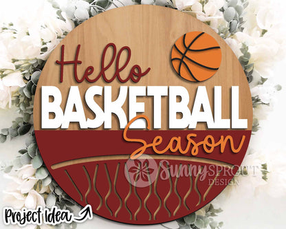 Hello Basketball Season Sign, Digital Download, SVG Laser Cut File, Cricut, Round Door Hanger Wall Art Design, Sports Decor