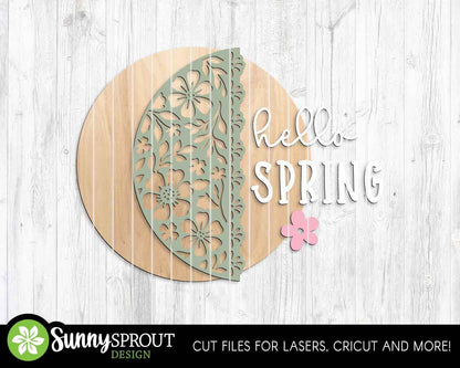 Hello Spring Floral Pattern Sign, Digital download, SVG Laser cut file, Cricut, Round door hanger design, Spring Easter decor