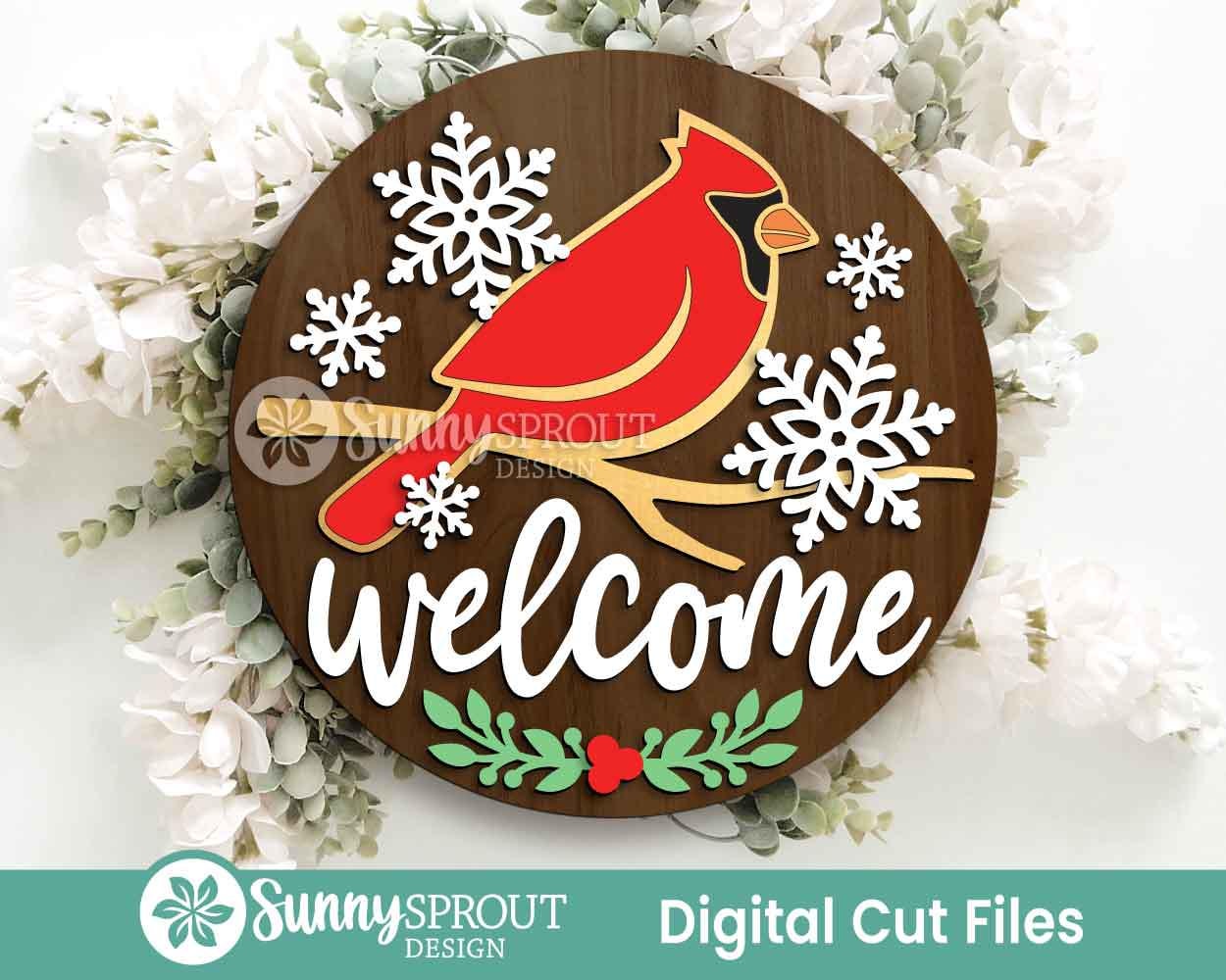 Welcome Cardinal Branch and Snowflakes Sign, Round door hanger, Glowforge laser file, Christmas holiday decor, Winter sign