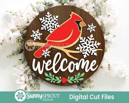 Welcome Cardinal Branch and Snowflakes Sign, Round door hanger, Glowforge laser file, Christmas holiday decor, Winter sign