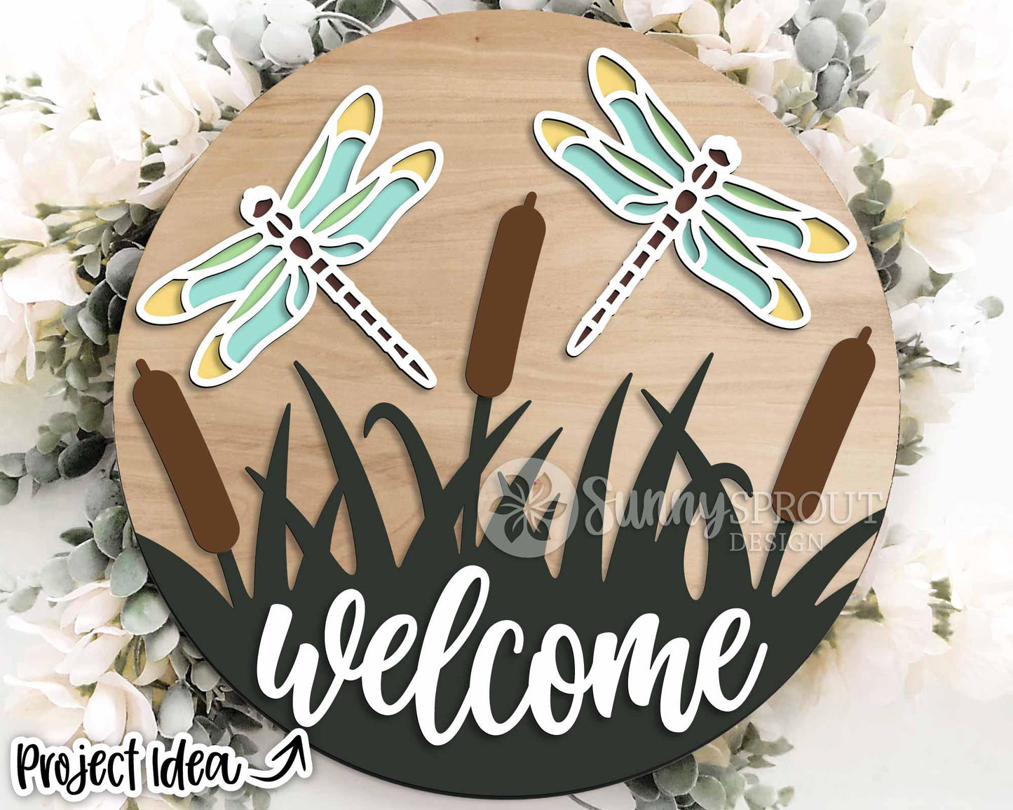Dragonfly Cattail Welcome Sign, Digital Download, SVG Laser Cut File, Cricut, Lake Camping SVG, Summer Round Door Hanger Design