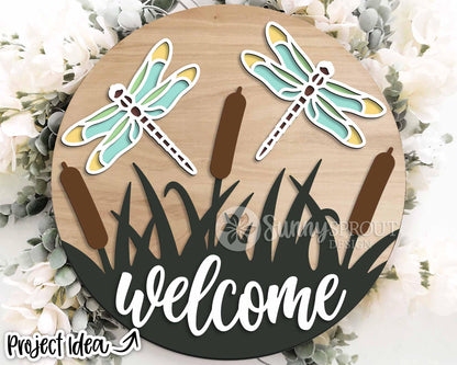 Dragonfly Cattail Welcome Sign, Digital Download, SVG Laser Cut File, Cricut, Lake Camping SVG, Summer Round Door Hanger Design
