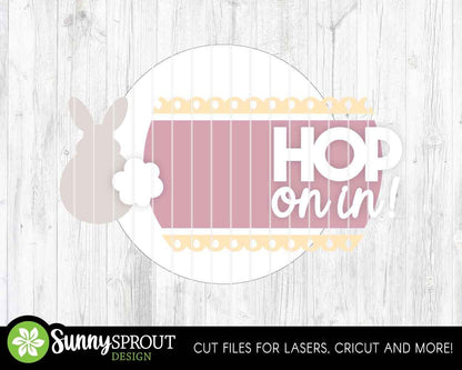 Hop On In Bunny Tail Sign, Digital download, SVG Laser cut file, Cricut, Round door hanger design, Spring Easter decor