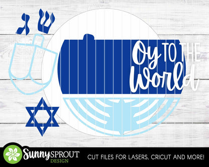 Oy to the World Dreidel Sign, Digital Download, SVG Laser Cut File, Cricut, Round Door Hanger Design, Hanukkah Jewish Decor