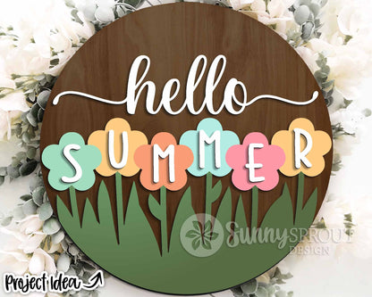 Hello Summer Flower Sign, Digital Download, SVG Laser Cut File, Cricut, Round Door Hanger Design