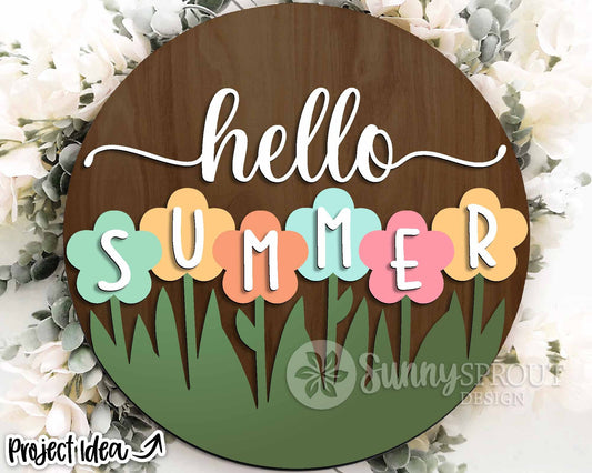Hello Summer Flower Sign, Digital Download, SVG Laser Cut File, Cricut, Round Door Hanger Design