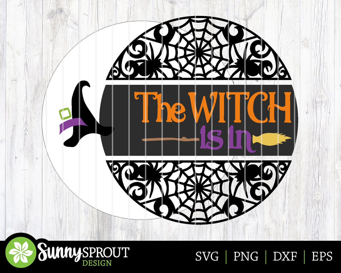 The Witch Is In Spiderweb Sign, Digital Download, SVG Laser Cut File, Cricut, Round Halloween Door Hanger Design
