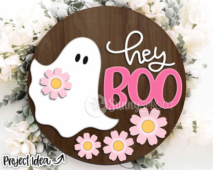 Hey Boo Ghost Flower Sign, Round door hanger SVG, Glowforge laser cut file, Cricut, Cute Halloween SVG, Spooky decor SVG