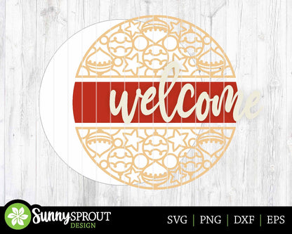 Welcome Ornament Pattern Sign, Digital Download, SVG Laser Cut File, Cricut, Round Door Hanger Design, Christmas Decor