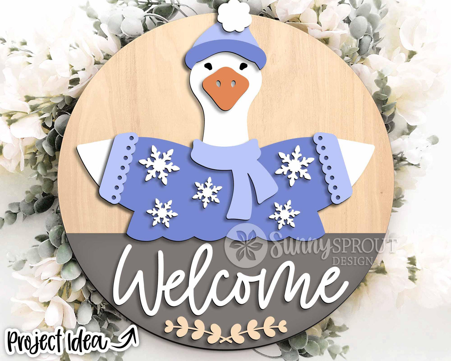Goose Welcome Winter Sign, Round door hanger svg, Glowforge laser file, Cricut, Snowflake sign svg, Interchangeable outfit