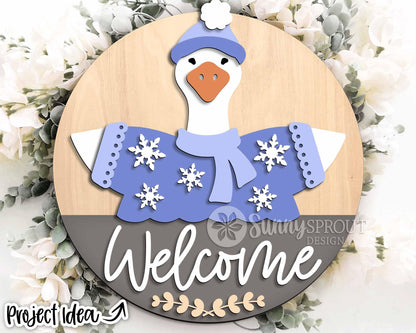 Goose Welcome Winter Sign, Round door hanger svg, Glowforge laser file, Cricut, Snowflake sign svg, Interchangeable outfit