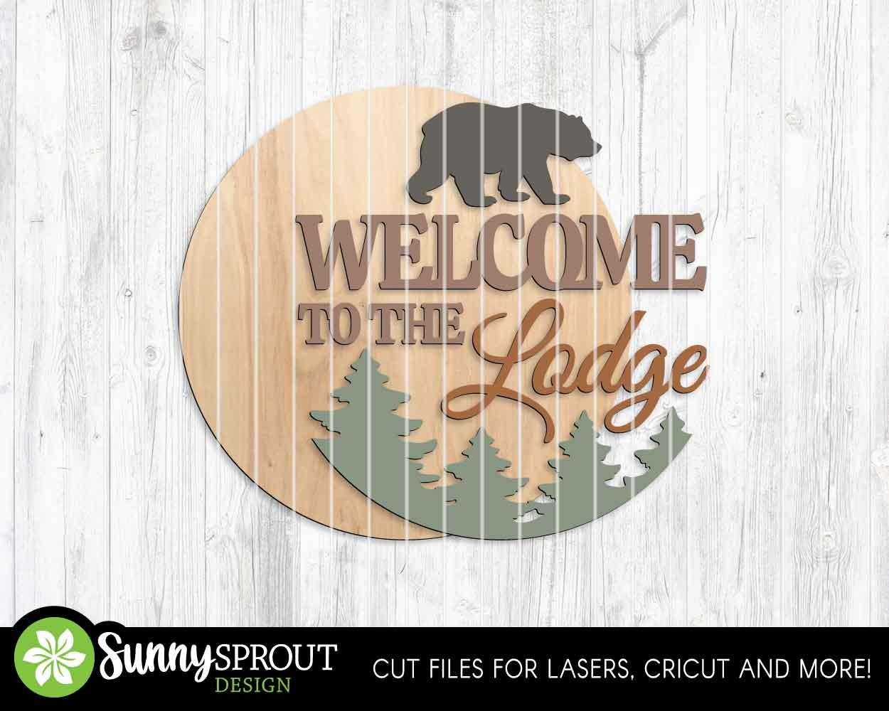 Welcome to The Lodge Sign, Digital download, SVG Laser cut file, Cricut, Round door hanger design, Cabin log home wall decor