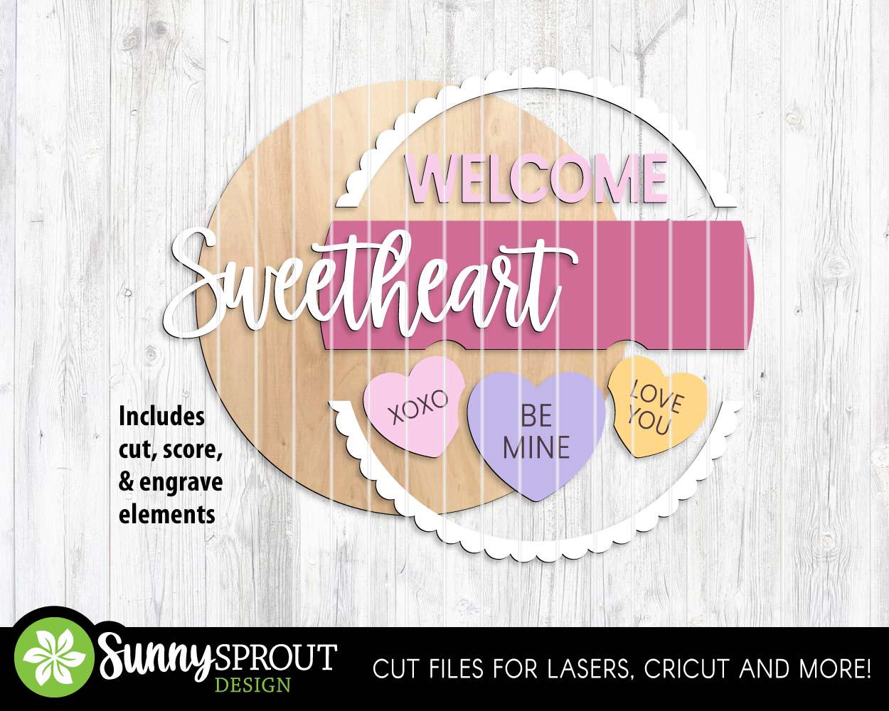 Welcome Sweetheart Conversation Hearts Sign, Digital Download, SVG Laser Cut File, Cricut, Round Door Hanger Design, Valentine's Day Decor