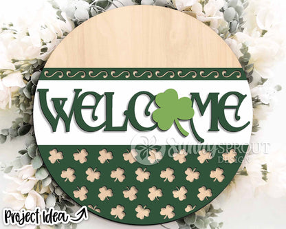 Welcome Clover Pattern Sign, Digital Download, SVG Laser Cut File, Cricut, Round Door Hanger Design, St. Patrick's Day Decor