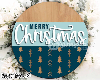 Merry Christmas Modern Tree Pattern Sign, Digital Download, SVG Laser Cut File, Cricut, Round Door Hanger Design