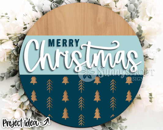 Merry Christmas Modern Tree Pattern Sign, Digital Download, SVG Laser Cut File, Cricut, Round Door Hanger Design