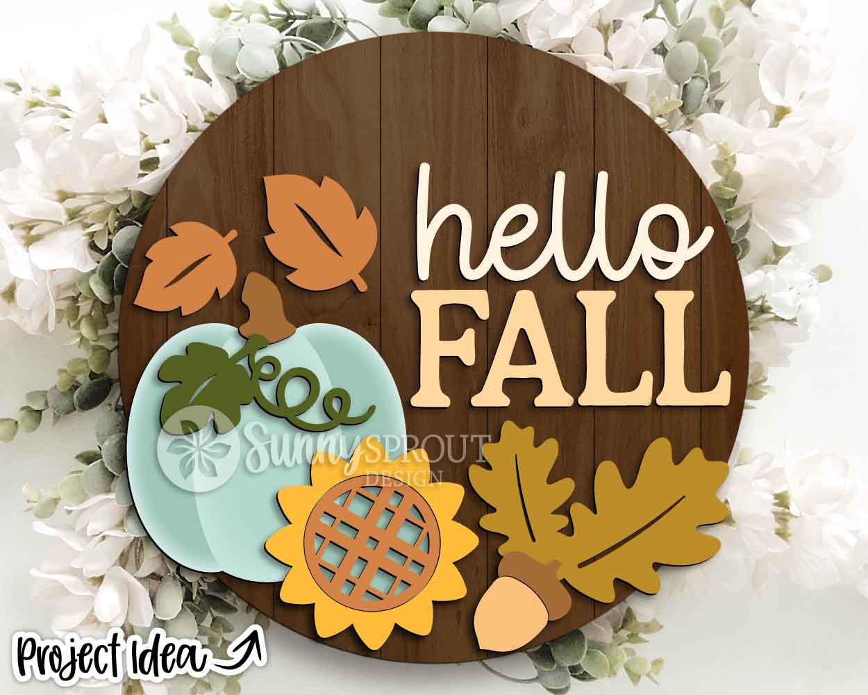 Hello Fall Pumpkin Sunflower Leaves Sign, Digital Download, SVG Laser Cut File, Cricut, Round Door Hanger Design
