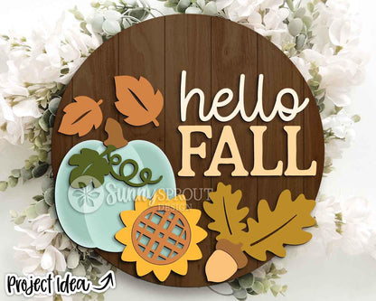 Hello Fall Pumpkin Sunflower Leaves Sign, Digital Download, SVG Laser Cut File, Cricut, Round Door Hanger Design