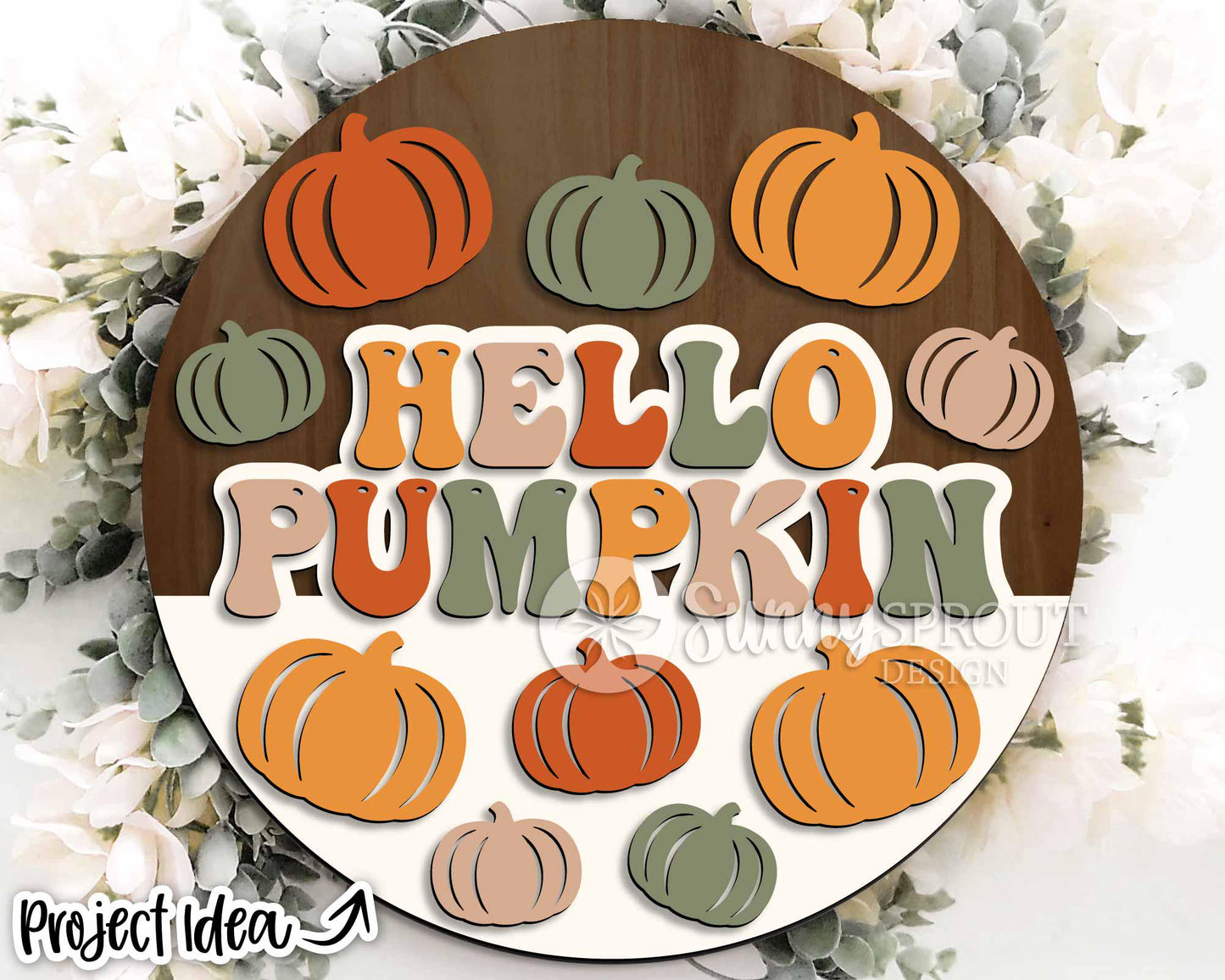 Hello Pumpkin Retro Sign, Digital Download, SVG Laser Cut File, Cricut, Round Fall Door Hanger Design