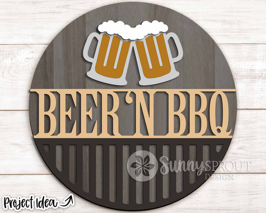 Beer 'N BBQ Grill Sign, Digital Download, SVG Laser Cut File, Cricut, Summer Father's Day Round Door Hanger Design