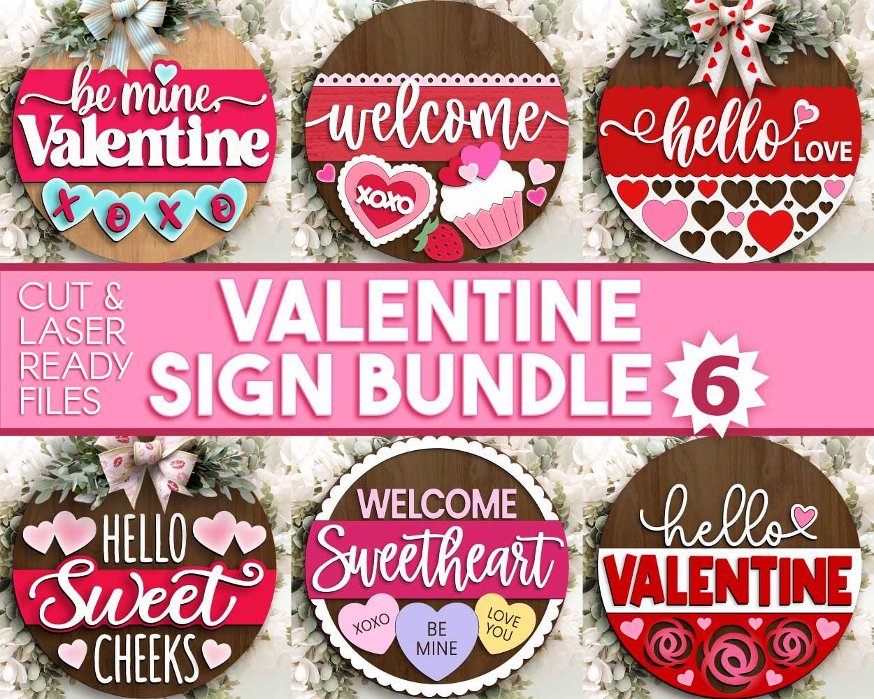 Valentine Laser Sign Bundle 6, Round door hanger, Glowforge laser file, Cricut, Heart welcome sign, Valentine's Day decor