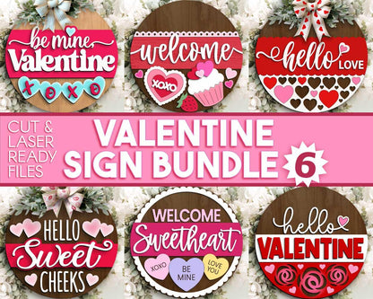 Valentine Laser Sign Bundle 6, Round door hanger, Glowforge laser file, Cricut, Heart welcome sign, Valentine's Day decor