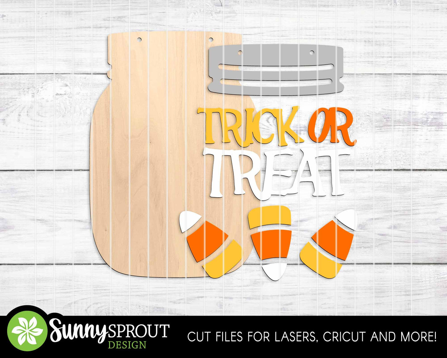 Trick Or Treat Candy Corn Mason Jar Sign, Digital Download, SVG Laser Cut File, Cricut, Halloween Door Hanger Design