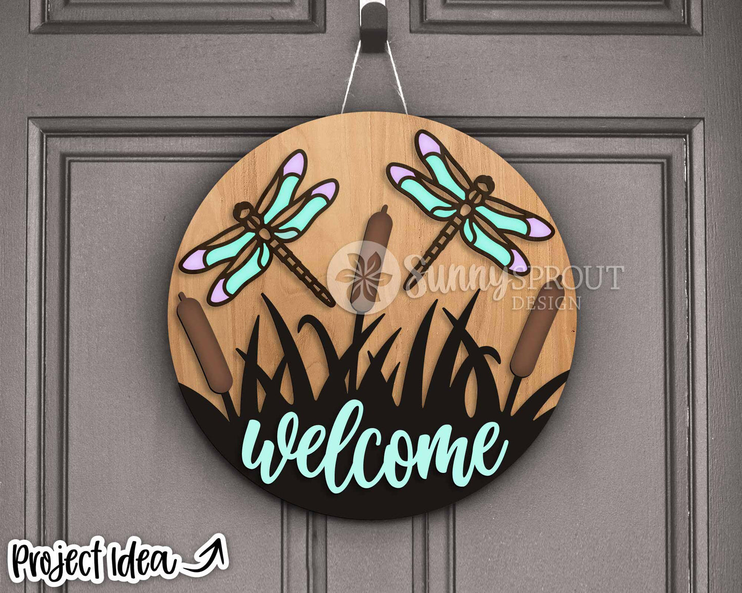 Dragonfly Cattail Welcome Sign, Digital Download, SVG Laser Cut File, Cricut, Lake Camping SVG, Summer Round Door Hanger Design