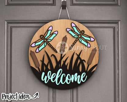 Dragonfly Cattail Welcome Sign, Digital Download, SVG Laser Cut File, Cricut, Lake Camping SVG, Summer Round Door Hanger Design