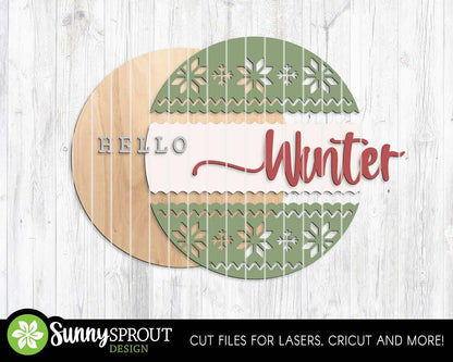 Hello Winter Sweater Pattern Sign, Round door hanger, Glowforge laser file, Cricut, Christmas svg, Winter welcome sign svg