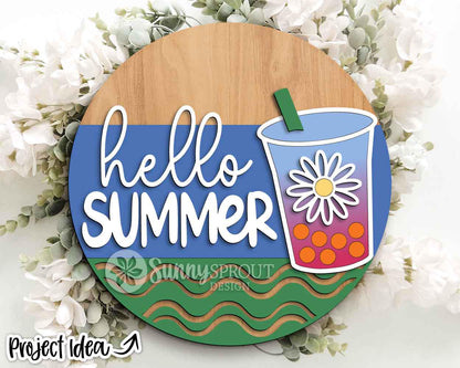 Hello Summer Boba Drink Sign, Digital Download, SVG Laser Cut File, Cricut, Round Door Hanger Design