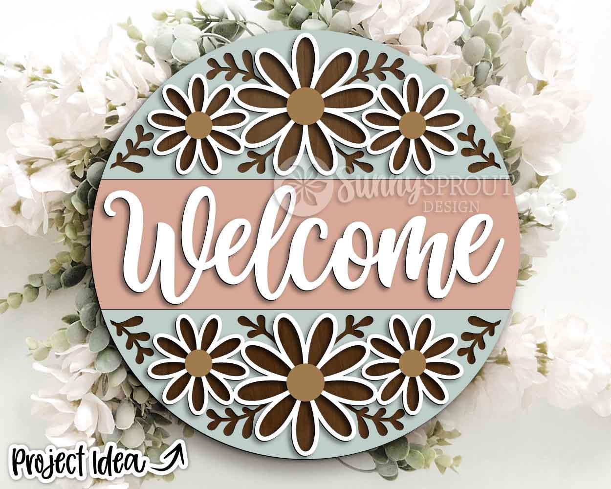 Welcome Flower Pattern Sign, Digital Download, SVG Laser Cut File, Cricut, Spring Summer Round Door Hanger Design
