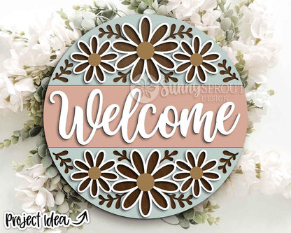Welcome Flower Pattern Sign, Digital Download, SVG Laser Cut File, Cricut, Spring Summer Round Door Hanger Design