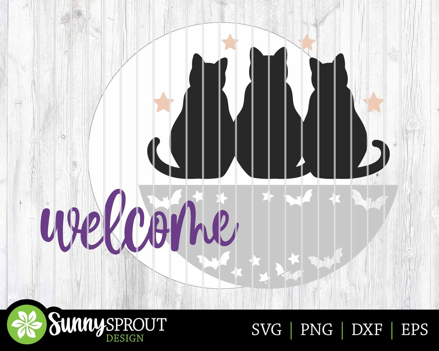 Welcome Three Black Cats Sign, Digital Download, SVG Laser Cut File, Cricut, Round Halloween Door Hanger Design