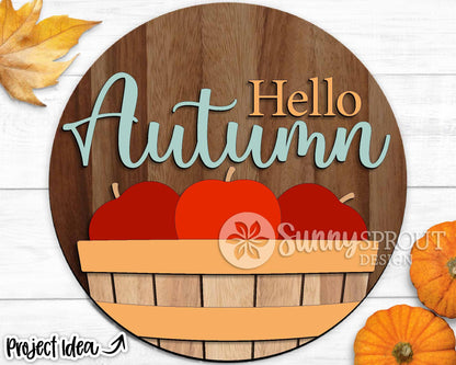 Hello Autumn Apple Bushel Sign, Digital Download, SVG Laser Cut File, Cricut, Round Fall Door Hanger Design, Farmhouse Decor