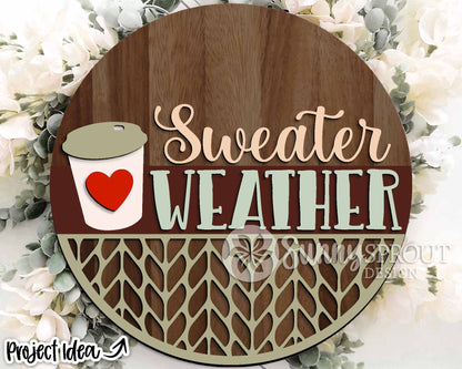 Sweater Weather Latte Sign, Digital Download, SVG Laser Cut File, Cricut, Round Fall Door Hanger Design
