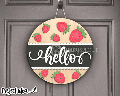 Hello Strawberry Sign, Digital Download, SVG Laser Cut File, Summer Round Door Hanger Design