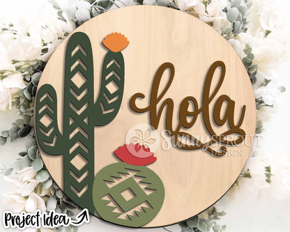 Hola Aztec Cactus Sign, Digital Download, SVG Laser Cut File, Cricut, Southwestern Desert Round Door Hanger Design