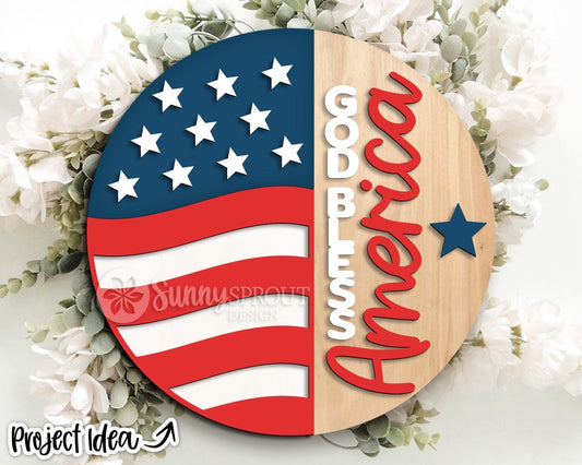 God Bless America Flag Sign, Digital Download, SVG Laser Cut File, Round Door Hanger Design, Patriotic 4th of July Decor