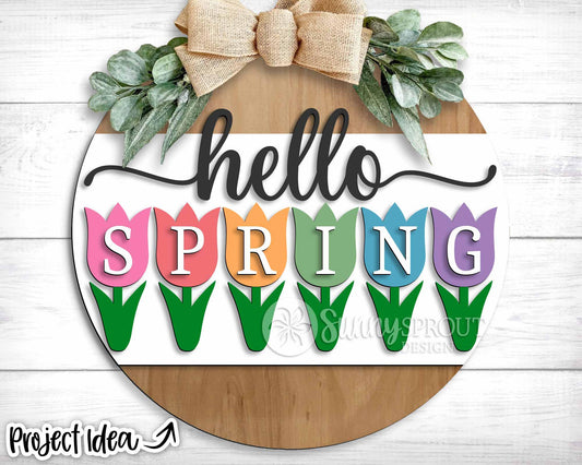 Hello Spring Tulip Flowers Sign, Digital download, SVG Laser cut file, Cricut, Round door hanger design