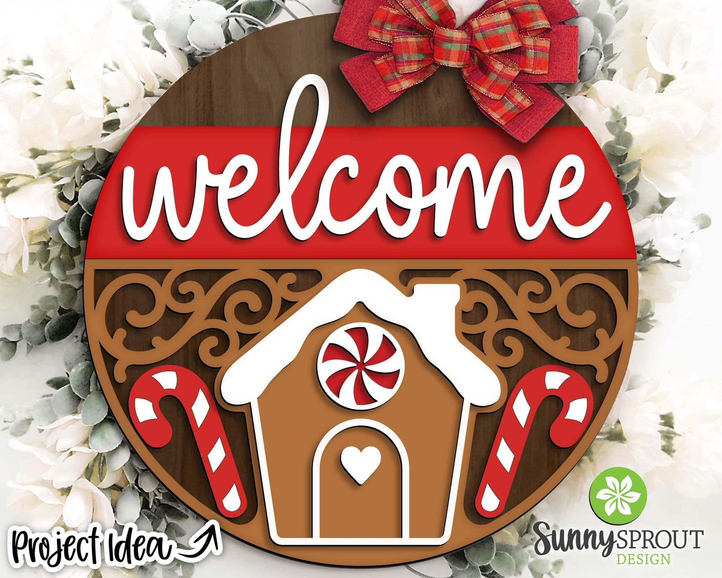Welcome Gingerbread House Sign, Digital Download, SVG Laser Cut File, Cricut, Round Door Hanger Design, Christmas Decor