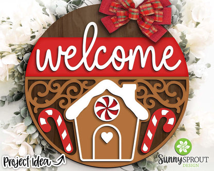 Welcome Gingerbread House Sign, Digital Download, SVG Laser Cut File, Cricut, Round Door Hanger Design, Christmas Decor