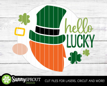 Hello Lucky Leprechaun Gnome Sign, Digital Download, SVG Laser Cut File, Cricut, Round Door Hanger Design, St. Patrick's Day Decor
