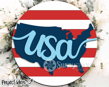 USA American Flag Stripes and Map Sign, Digital Download, SVG Laser Cut File, Cricut, Round Door Hanger Design, Patriotic 4th of July Decor