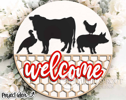 Welcome Farm Animals Sign, Digital download, SVG Laser cut file, Cricut, Round door hanger design, Farm animal decor