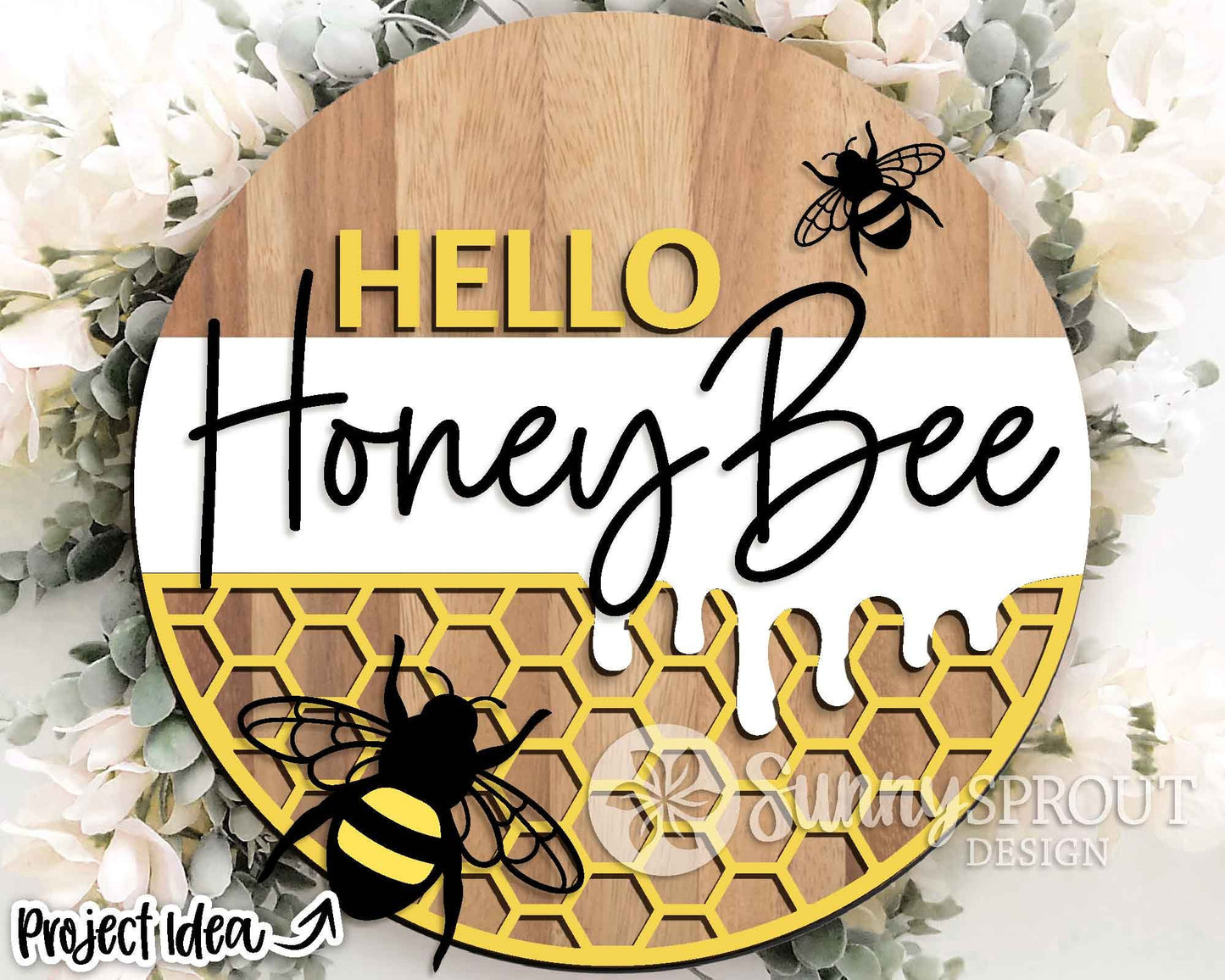 Hello Honey Bee Honeycomb Sign, Digital Download, SVG Laser Cut File, Cricut, Summer Round Door Hanger Design
