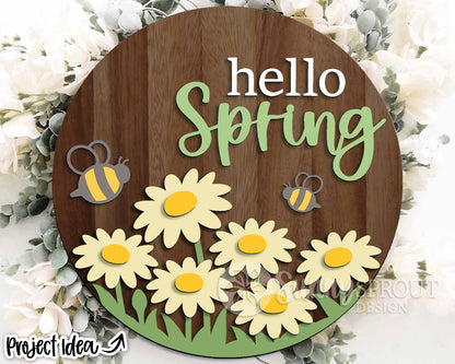 Hello Spring Daisy Bees Sign, Digital download, SVG Laser cut file, Cricut, Round door hanger design